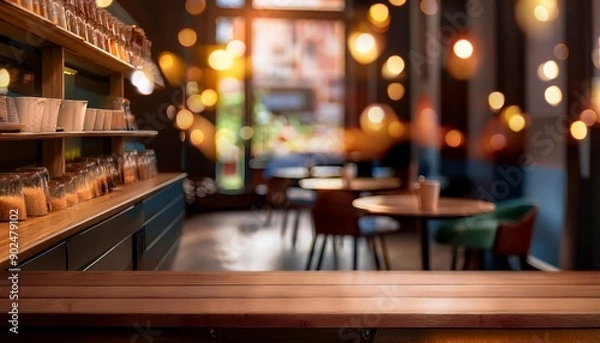 Fototapeta Empty wooden table surface with blurred background in coffee shop. product display. Generated image