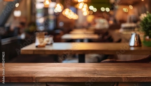 Fototapeta Empty wooden table surface with blurred background in coffee shop. product display. Generated image