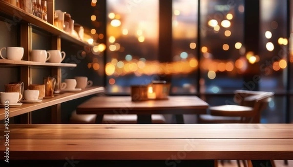 Fototapeta Empty wooden table surface with blurred background in coffee shop. product display. Generated image