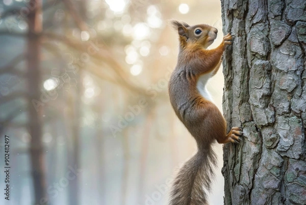 Obraz Red Squirrel Climbing a Tree Trunk in a Forest