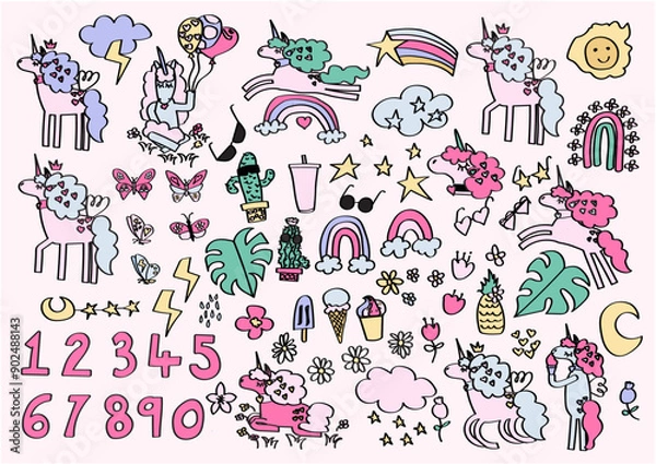 Fototapeta collection of unicorns clipart. unicorn and pegasus, clipart with magical elements.