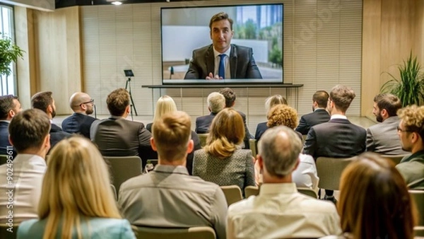 Fototapeta Back view of audience in the conference hall or seminar meeting with large media screen showing video presentation of business, workshop, conference, event concept