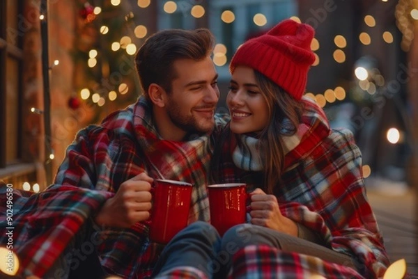 Fototapeta Happy couple with red mugs, wrapped in a tartan blanket, sitting close and enjoying each other's company against a backdrop of holiday lights.