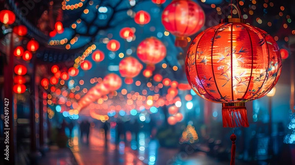 Obraz Illuminated Paper Lanterns Adorning Night Sky at Festive Celebration