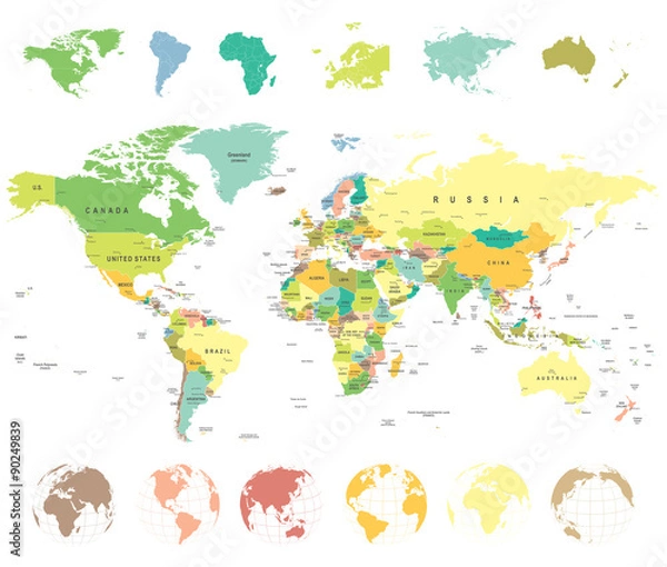 Obraz Mapa świata i globusy - bardzo szczegółowe ilustracji wektorowych.