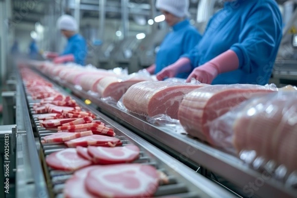 Fototapeta Industrial setting with workers packing sliced ham into plastic bags on a conveyor belt at a food processing facility.