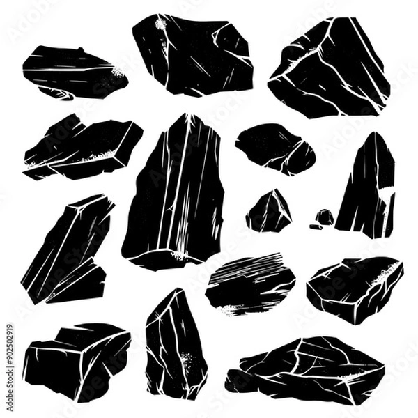 Fototapeta Different rocks linocut silhouette, black vectors isolated on transparent background