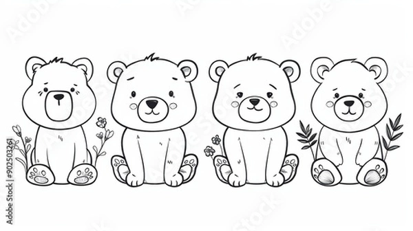 Fototapeta Four Adorable Cartoon Bears with Flower and Leaf Details