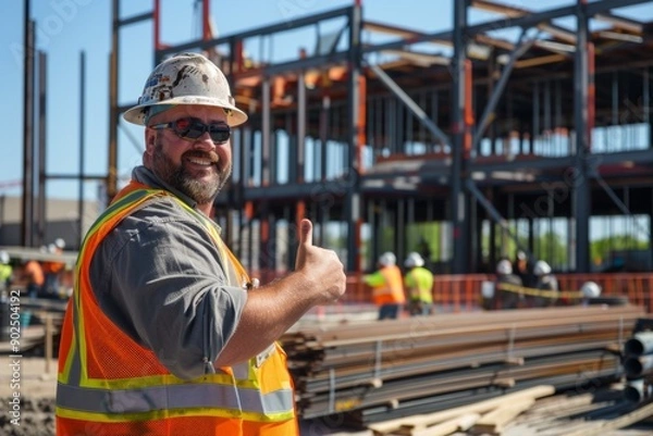 Fototapeta Construction foreman giving a thumbs-up, standing in front of a newly erected steel frame, with workers and construction materials around.