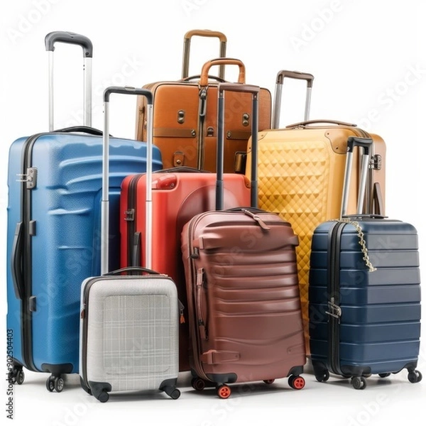 Obraz Color suitcases set isolated, modern travel bags group, handbags pack, different luggages, baggage collection