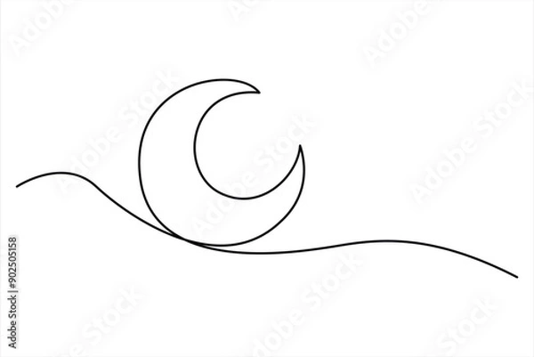 Fototapeta Continuous one line drawing of moon icon. Crescent moon for Ramadan isolated on white background outline vector art illustration