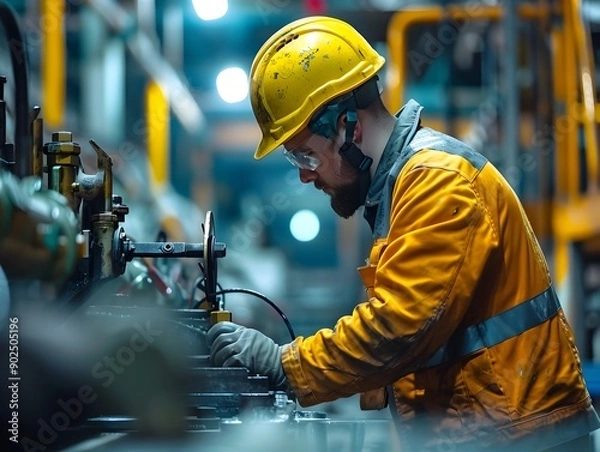 Fototapeta Close up of Factory Worker in Safety Gear Operating Machinery