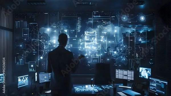 Obraz Futuristic Insurance Agent Discussing Policy Details with Holographic Client in High Tech Office