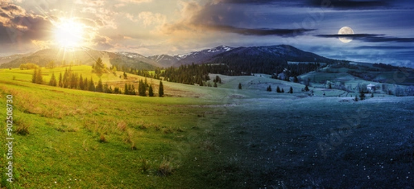 Fototapeta composite image of countryside landscape at day and night time change concept. Idyllic view of pretty farmland. rolling hills. Rural scenery in mountains. spring equinox or summer solstice