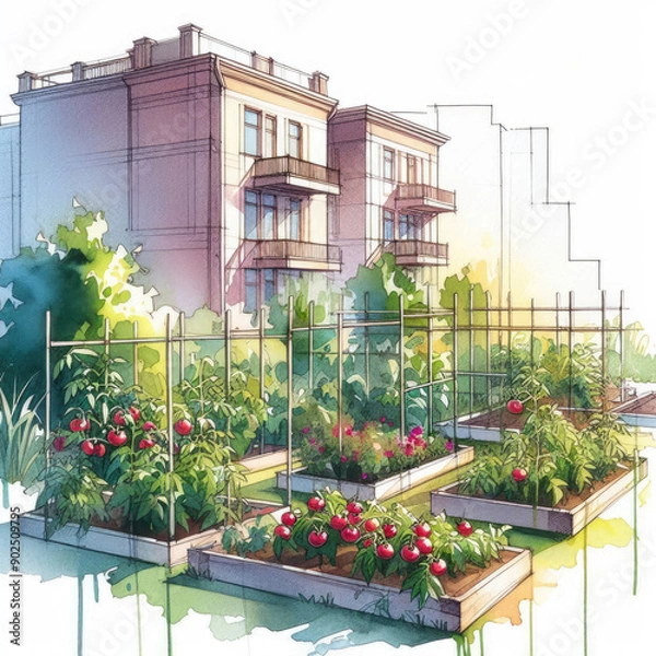 Obraz Architectural Sketch in Watercolor: Tomato Plant Rows in a Lush Garden