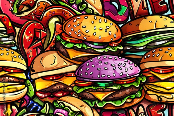 Obraz Seamless colorful pattern with fast food