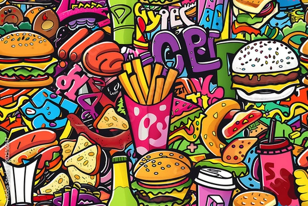 Obraz Seamless colorful pattern with fast food