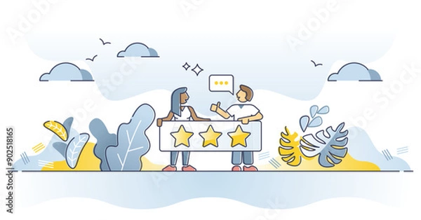 Fototapeta Feedback as product or service evaluation with stars rating outline concept, transparent background. Business customer comments and consumer quality opinion illustration.