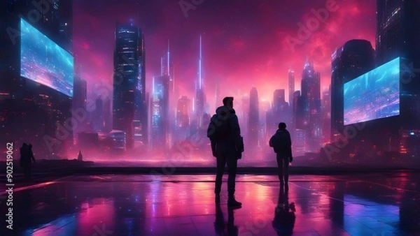 Fototapeta A man and a woman stand on a wet city street looking at a large screen