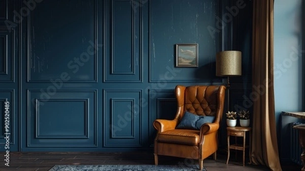 Fototapeta Leather Armchair in a Classic Interior with Dark Blue Walls and a Window, Interior Design, Interior Decor, Home Decor, Living Room