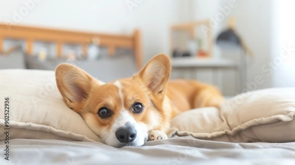 Fototapeta A cozy scene featuring a relaxed corgi lying on a soft pillow in a tranquil bedroom setting, perfect for pet lovers.
