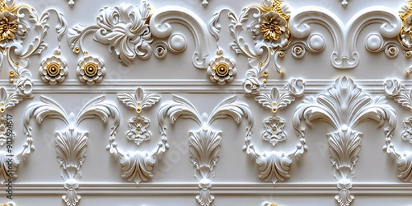 Fototapeta Seamless 3D elements of White and Golden luxury design Baroque Classical Relief Panel on Wall. Refined Gothic-inspired Stucco Molding With Floral Motifs. A Marble Carving in Late Ottoman Style.