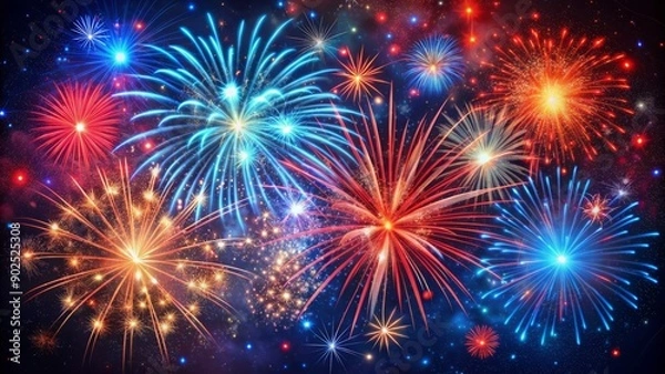 Fototapeta Vibrant hand-drawn fireworks explosion of red and blue sparks and stars against a dark night sky, creating a festive and celebratory atmosphere.