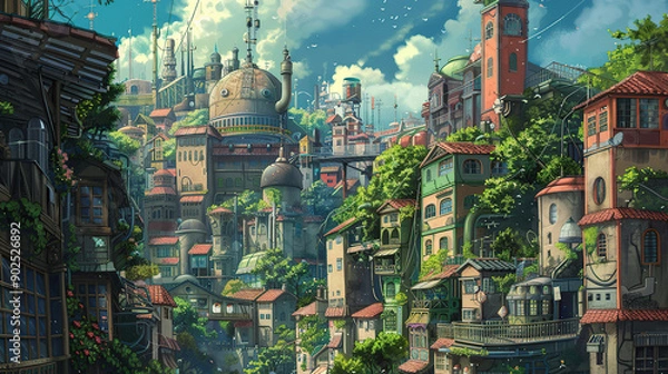 Obraz he cuntry, generative ai, landscape, architecture, curtoone, chasny house, background, art nouveau, city, skyline, skyscraper, building