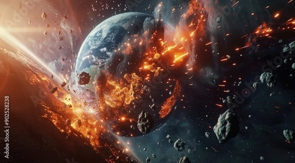 Fototapeta Earth Impacted by Asteroids in Space