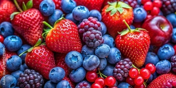 Obraz A Colorful Burst of Summer Berries A Macro Perspective on Strawberries, Blueberries, and Blackberries, fruit, berry, summer, fresh