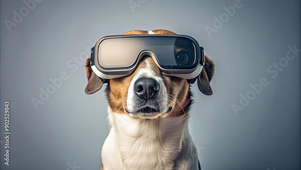 Fototapeta A curious dog tries on virtual reality glasses, showcasing a playful interaction with modern technology in a minimalist studio environment