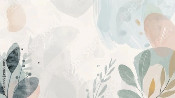 Fototapeta Abstract foliage art background banner. Botanical watercolor leaves paint brush. Frame design illustration for wallpaper, banner, print, poster, greeting card, pastel pink green gold color, japandi