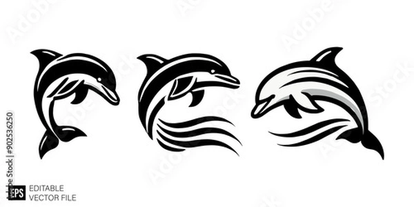 Obraz dolphine set black and white vector clip art silhouette graphic design