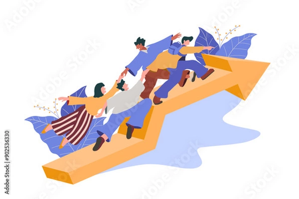 Fototapeta teamwork focus on goals, increase motivation. Way to achieve goals with support. Help overcome obstacles, business people, business development up arrow. Vector flat illustration