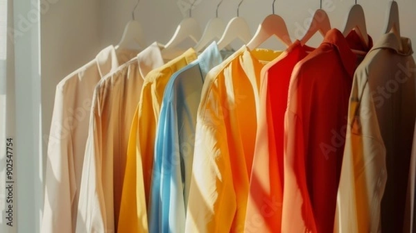 Obraz Multicolored shirts on a clothes hanger. AI generated