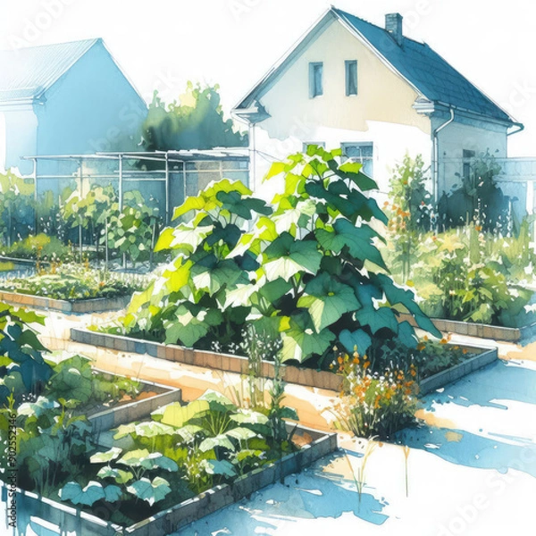 Obraz Architectural Beauty: Watercolor Illustration of a Garden Filled with Cucumbers