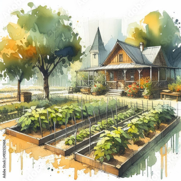 Obraz Architectural Sketch in Watercolor: Cucumber Plant Rows in a Lush Garden
