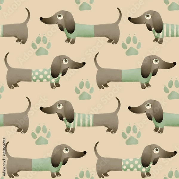 Fototapeta seamless pattern with cute cartoon dachshund