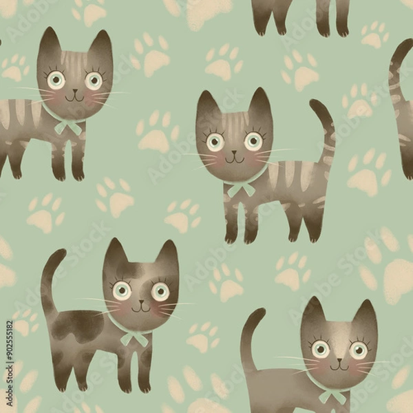 Fototapeta seamless pattern of cute cartoon cats on a green background