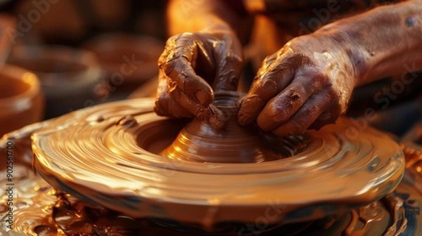 Obraz Artisan hands expertly shape damp clay into intricate pottery forms, showcasing skill and creativity in a cozy workshop environment