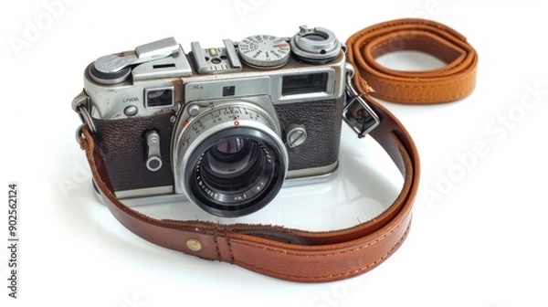 Fototapeta A classic vintage film camera with a leather strap, carefully placed on a white background, showcasing its timeless aesthetic and mechanical elegance. 