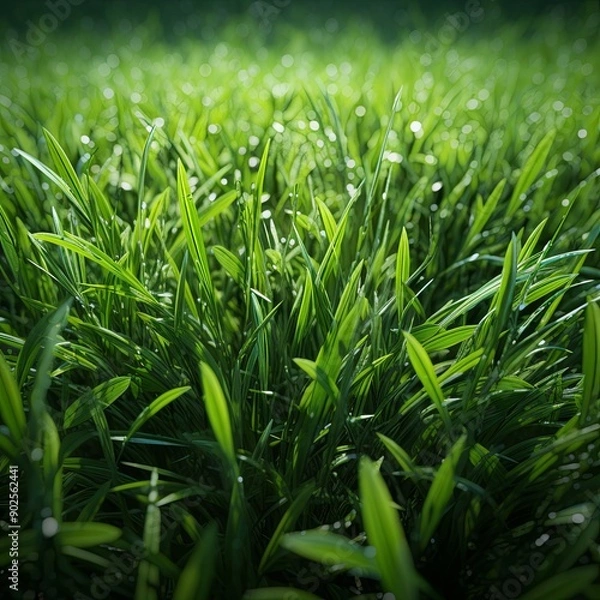 Fototapeta Close-up of lush green grass just cut, with even length and vivid color. Perfect as a natural background for various creative projects. Enhance your designs with this organic texture