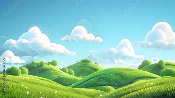 Fototapeta 3D Rendering of Cartoon Green Hills under a Blue Sky