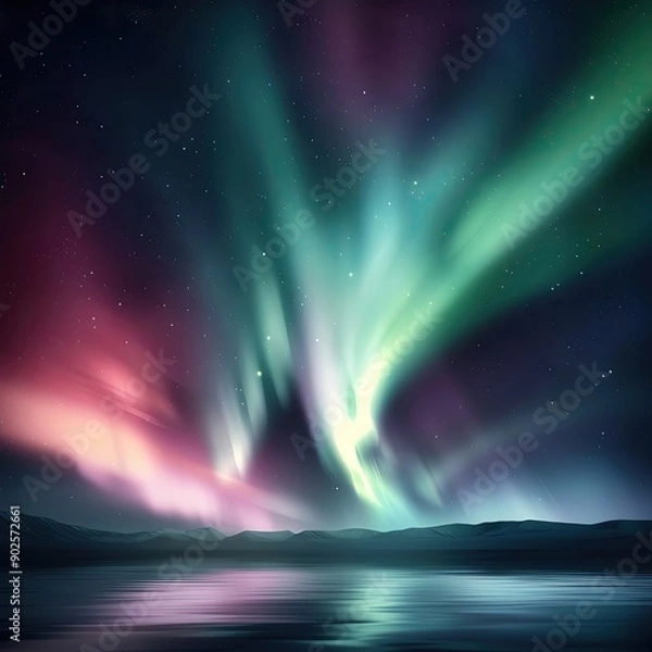 Obraz A stunning display of northern lights illuminates the night sky with vibrant colors over a calm lake, creating a magical atmosphere.