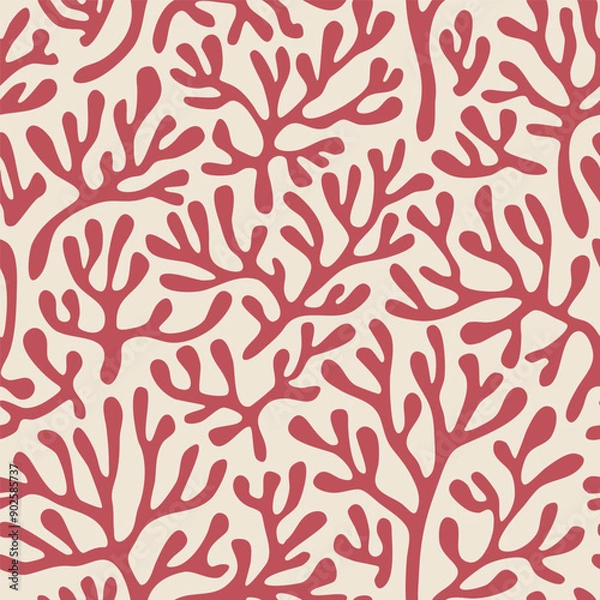 Obraz Red coral seamless pattern on beige background in vintage style. Fauvist-inspired modern abstract organic algae background. Vector design for textile, wrapping paper, greeting cards.