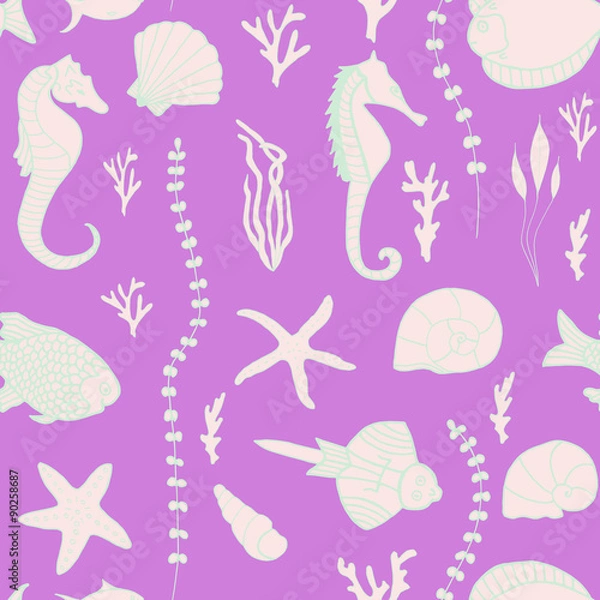 Fototapeta Seamless pattern with hand drawn fishes