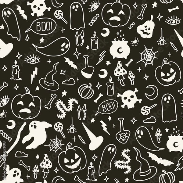 Fototapeta Halloween mystery cartoon line art seamless pattern, witch craft paper, pumpkin, ghost, skull, witch hat, spider, bat, bone, mushroom, moon, candy. 
