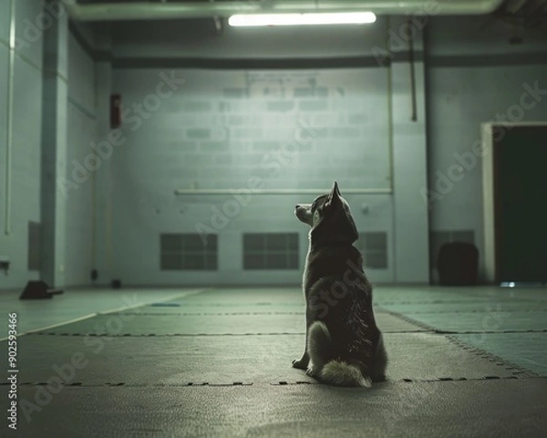 Fototapeta A Dedicated Dog Observing Training Progress in a Calm Obedience School Environment