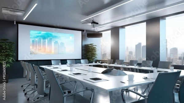 Obraz High-tech meeting room with a projector and empty ergonomic chairs