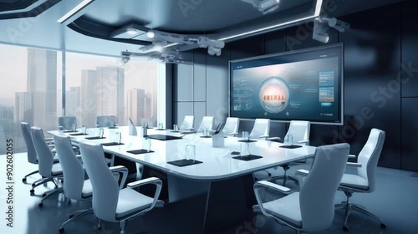 Obraz High-tech meeting room with a projector and empty ergonomic chairs